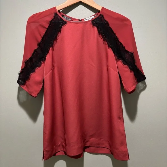 Reiss Lace Inset Rust Ariel Top sz 8 Satin Feminine Fall Office Dainty Raglan - Picture 3 of 9